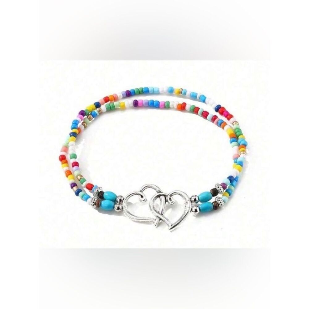 Double Heart Beaded Anklet M748 - Picture 2 of 2